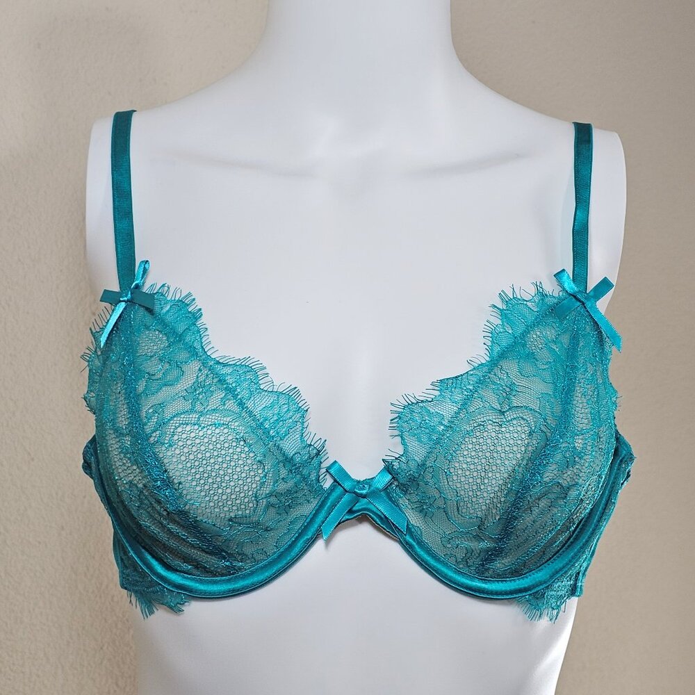 Hustler Darby Teal Underwire Lace Bra with Small Satin Bows, Size 36B